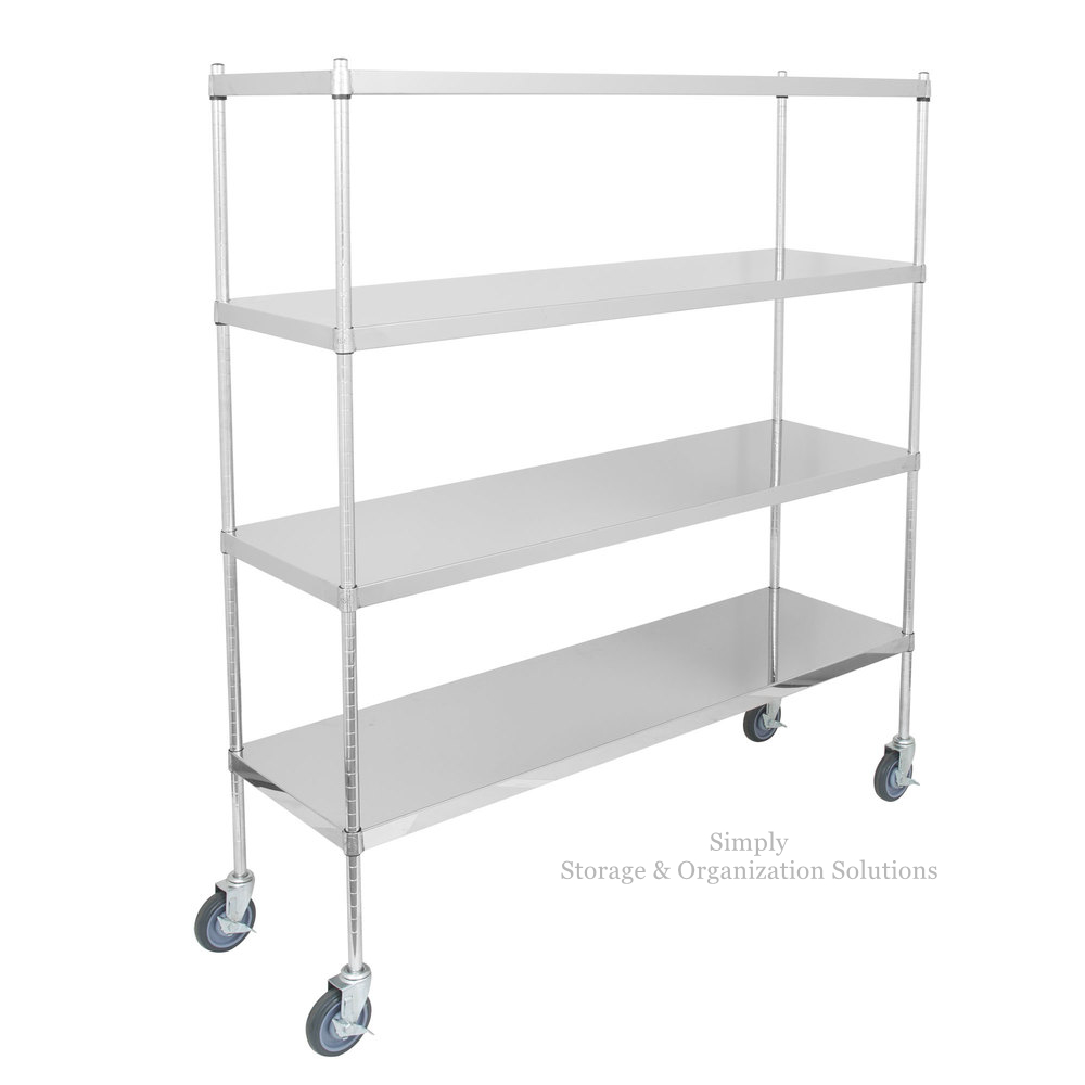 4 Tiers Flat Rack Stainless Steel Solid Shelf Mobile Work Table for Medical / Hospital Storage