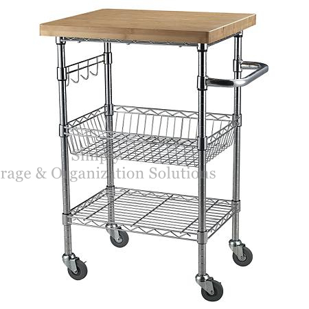 Chrome Finish Wire Cart with Wheels Wood Shelf Use in Restaurant 21"W X 14"D X 36"H