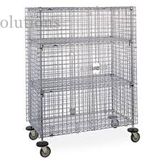 Cold Steel Galvanized Mobile Wire Security Cages Three Shelves For Hotel Transship